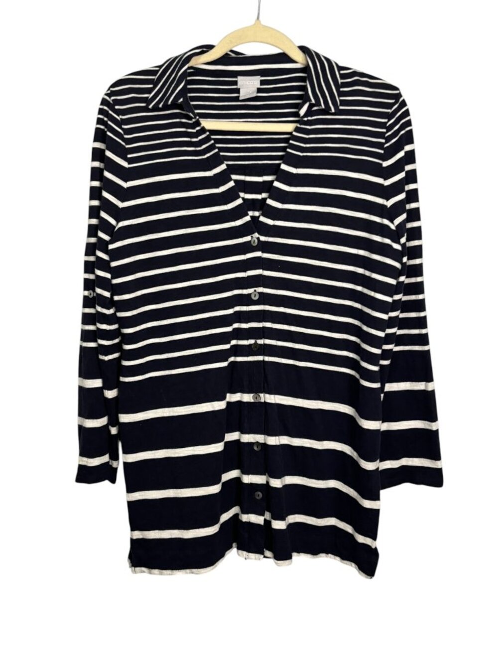 Chico's Blouse Women's Medium Nautical Stripes Knit Navy White Chicos 1